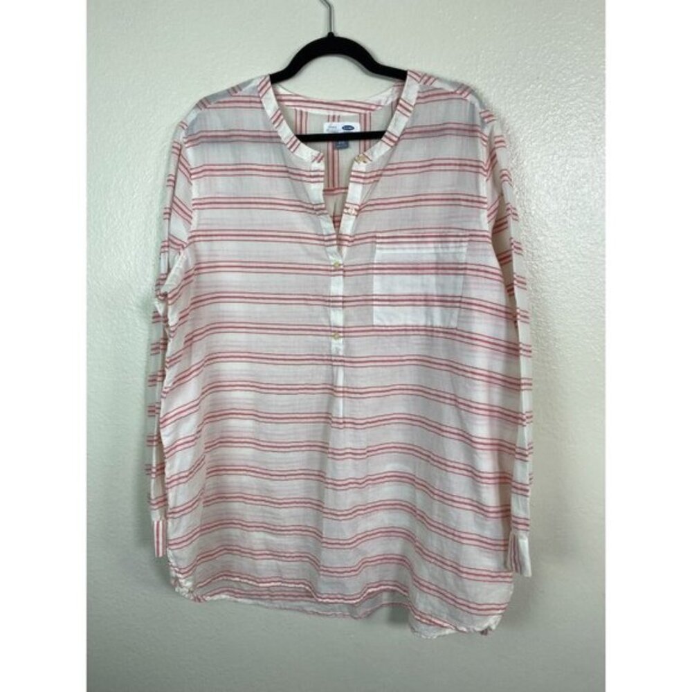 Old Navy Striped Button Up Cotton Tunic Top Women size XXL Red White Beach Sheer